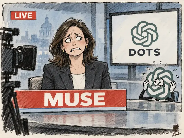 Satirical cartoon: a mortified suited OpenAI executive grimaces mid-interview on a live-TV set, a giant red MUSE chyron below her, while the sweating Dots/OpenAI logo character clutches its head beside her. A LIVE bug glows in the corner.