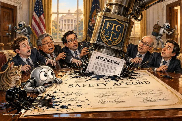 Satirical cartoon: a giant FTC stamp slams an INVESTIGATION order onto a freshly signed SAFETY ACCORD, splattering ink as five panicked executives recoil; Merv the robot and Issue the cat watch while small robots pick locks in the background.
