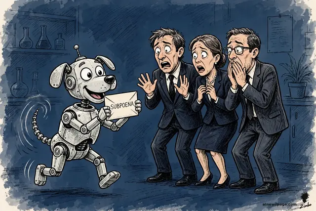 Buddy, a cheerful retro robot dog with a wagging segmented tail, joyfully fetches an envelope labeled SUBPOENA and proudly delivers it to horrified lab executives.