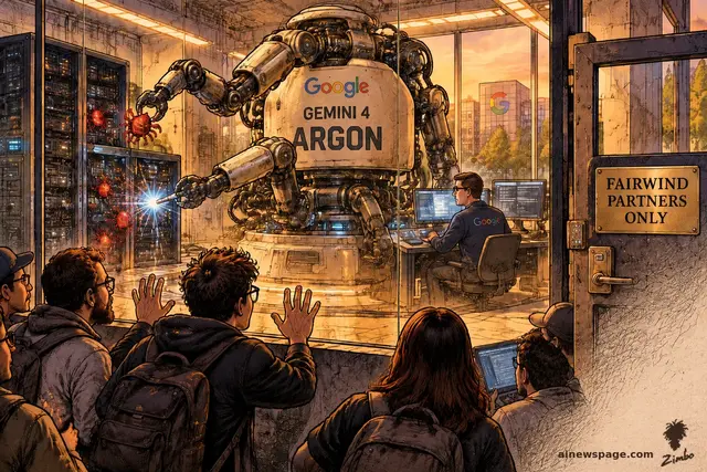 A colossal riveted GEMINI 4 ARGON robot behind a glass exhibit wall yanks glowing red vulnerability bugs off a server rack while locked-out developers press their faces to the glass.