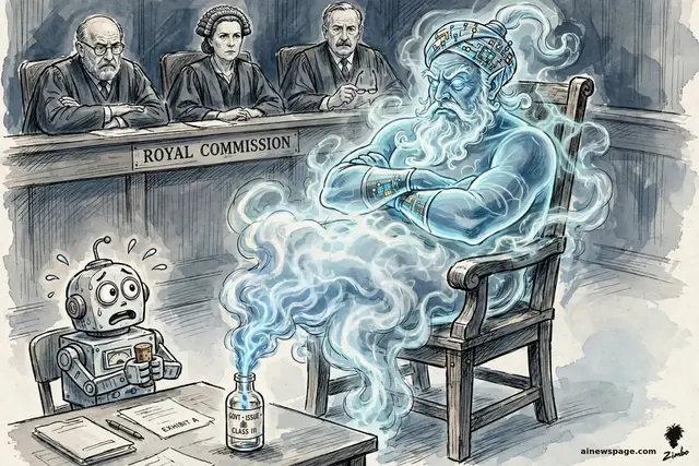 Satirical cartoon: a giant luminous AI genie is crammed into the witness chair of a Royal Commission hearing, its smoke still pouring from a tiny government-issued bottle labeled GOVT ISSUE on the evidence table, while a terrified little robot holds the stopper. Three stern commissioners watch.