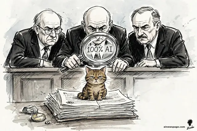 Satirical cartoon: three stern literary judges peer through a giant magnifying glass reading 100% AI over a thick manuscript, while a small brown mackerel tabby cat sits on the pages staring at the viewer; a GONCOURT medal lies tipped over beside it.
