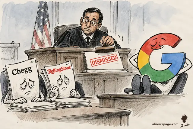 Satirical cartoon: a judge stamps DISMISSED in a courtroom while sad anthropomorphic Chegg and Rolling Stone newspapers droop at the plaintiff's table and a relaxed, colorful Google G character lounges nearby.