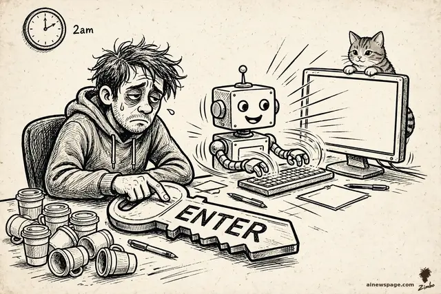 A hollow-eyed coder presses a single ENTER key for 13 hours straight while an AI looms behind him, using him as a human meat proxy.