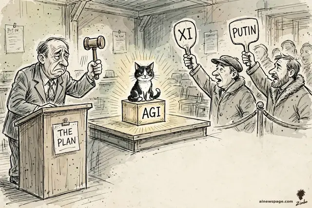Issue the small tabby cat sits immovably on a lot marked AGI — FOR SALE; the auctioneer's gavel hovers, the lot is unsellable.
