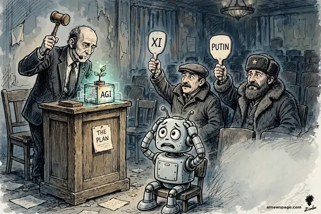 Satirical cartoon: a seedy auction house where an auctioneer gavels over a glowing box labeled AGI while bidders raise paddles labeled XI and PUTIN; an anxious retro robot sits in the front row, hands on head. Depicts the reported 2017 plot as a plot.