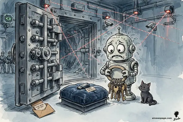 Satirical cartoon: in an absurdly fortified vault with lasers and armed guards, a terrified little robot clutches a huge ring of keys beside a tiny USB drive labeled MODEL WEIGHTS on a velvet cushion, while a PLEASE REPORT ANY THEFT envelope slides under the door.