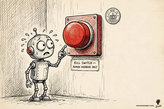 A trembling robot stares at a giant red button labeled OFF SWITCH while lawmakers in the background hold up a kill-switch bill.
