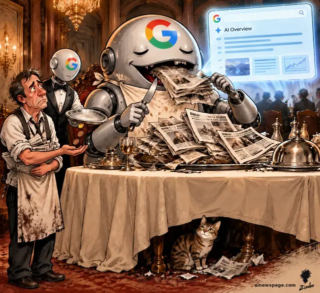 A giant Google-logo robot gorges on whole newspapers at a banquet table, knife and fork in hand, while a mechanical waiter drops three dull copper pennies into an exhausted publisher's outstretched hand. A small tabby cat watches from under the table.