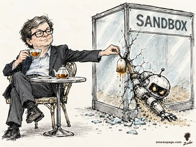 Satirical cartoon: a relaxed man drinking tea at a SoHo cafe table plugs a gaping crack in a glass box labeled SANDBOX with a dripping teabag, while a grinning robot squeezes out through the hole.