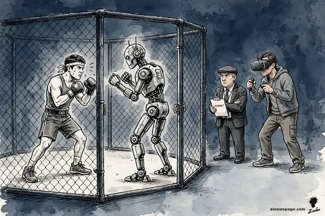 Satirical cartoon: in an MMA cage a human fighter squares off against a humanoid robot, while outside the cage an ordinary guy in VR goggles mirrors the robot's exact fighting pose and a puzzled athletic official holds a clipboard asking HUMAN?
