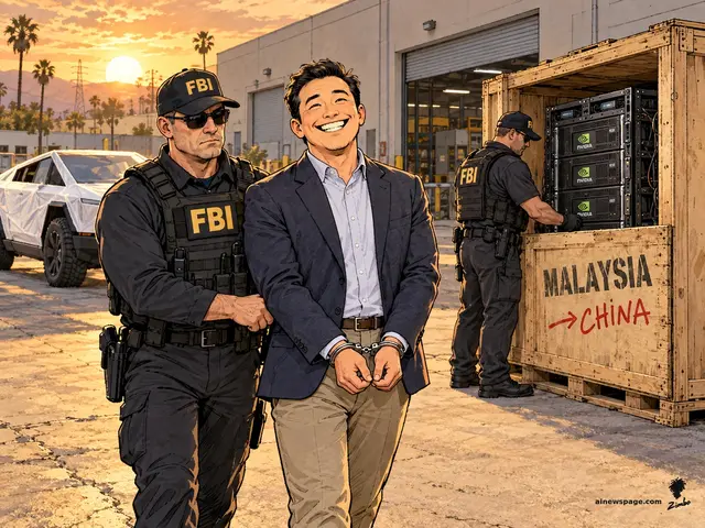 Satirical cartoon: a smiling handcuffed CEO is led away by an FBI agent past his white-wrapped Cybertruck while another agent opens a wooden crate of Nvidia servers stenciled MALAYSIA with a red arrow to CHINA.