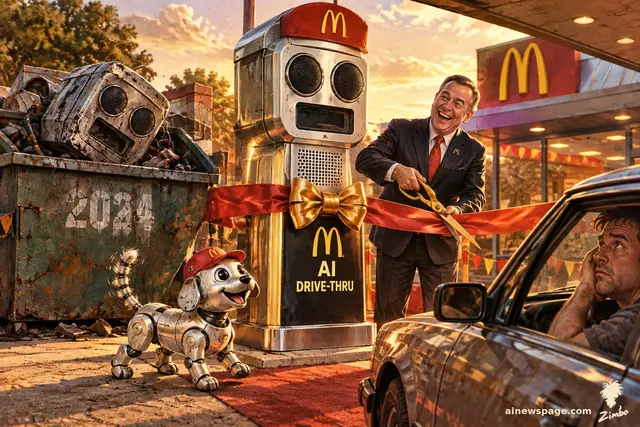 A grinning executive cuts a red ribbon on a gleaming new AI drive-thru speaker while the identical battered 2024 model rots in a 2024-marked dumpster behind it; a small robot dog leaps excitedly.