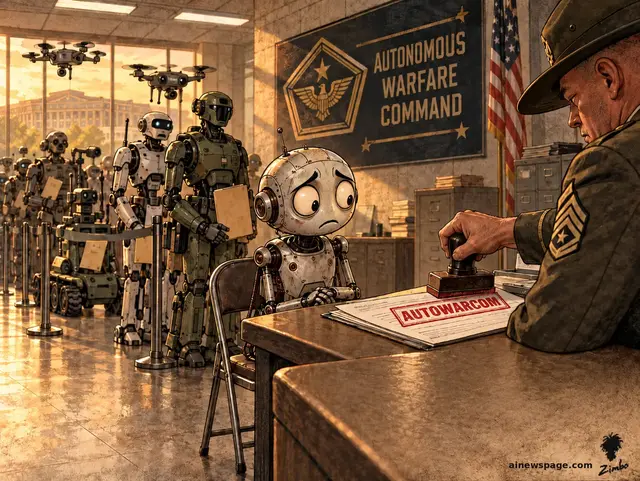 Satirical cartoon: tiny worried Merv sits rigid at a Pentagon enlistment desk while a drill sergeant slams a red AUTOWARCOM stamp onto his papers; a queue of robots with clipboards waits behind him under an AUTONOMOUS WARFARE COMMAND banner.
