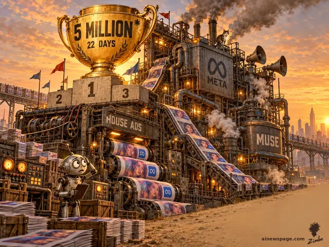 Satirical cartoon: a giant gold trophy reading 5 MILLION 22 DAYS with an asterisk crowns a colossal riveted Meta advertising factory stamped HOUSE ADS, printing endless illustrated ad posters; anxious Merv examines the machinery at its base while a cat watches from above.