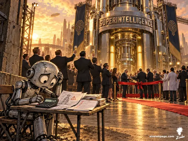 Satirical cartoon: executives toast the grand opening of a gleaming SUPERINTELLIGENCE facility while a small anxious robot sits at a rickety desk off to the side, calculator reading 10%.
