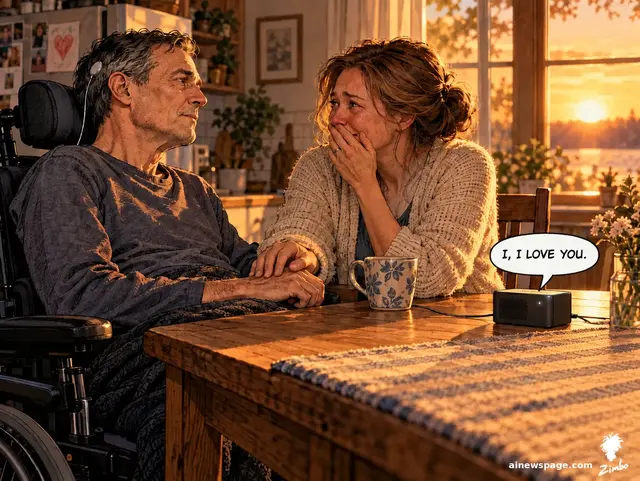 Tender cartoon: ALS patient Terry in his wheelchair at a golden-hour kitchen table, a neural interface behind his ear; a small black speaker voices his thought 'I, I love you' in his own pre-ALS voice while his wife weeps with her hand over her mouth.