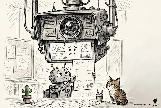 Satirical cartoon: a gigantic workplace surveillance camera drips tears, its emotion-analysis screen showing a sad face, while an anxious retro robot holds a CALIFORNIA prohibition notice over the lens; a small tabby cat watches unimpressed.