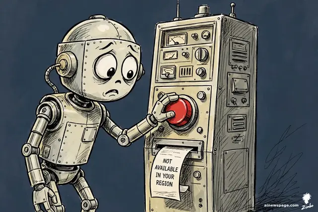 Merv presses a giant red button on a tall machine with eager expectation; the printed receipt reads NOT AVAILABLE IN YOUR REGION.