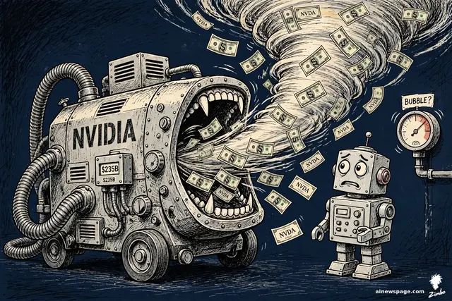 Satirical cartoon: a giant roaring vacuum machine labeled NVIDIA sucks up a tornado of dollar bills and NVDA stock certificates past a $235B counter, while an anxious retro robot stares at a wall gauge trembling at BUBBLE?.