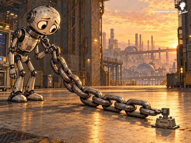 Satirical cartoon: a worried robot holds a giant chain leash attached to a tiny NVIDIA chip on a pedestal.