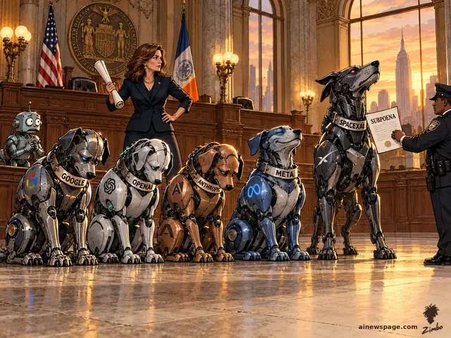 A council chamber staged as a dog-obedience school: a councilwoman wields a rolled-up subpoena like a trainer's baton while four robot dogs wearing GOOGLE, OPENAI, ANTHROPIC and META collars sit obediently.