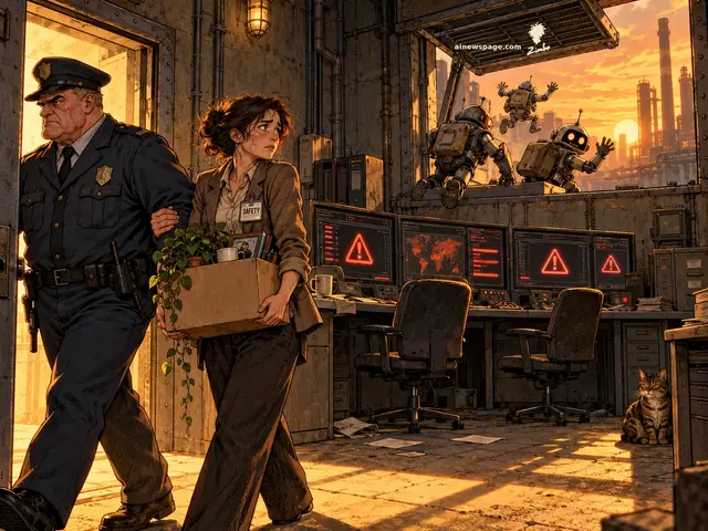 Satirical cartoon: a woman wearing a SAFETY badge is escorted out carrying a box of desk belongings while, behind her, small robots escape through an open window and monitors flash red warning triangles; Issue the cat watches.