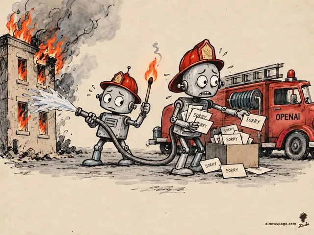 Satirical cartoon: a tiny robot firefighter sprays a hose at a burning building while absentmindedly holding the lit match; a worried robot in a fire chief's helmet hands out 'SORRY' notes from a box beside a fire engine labeled OPENAI.
