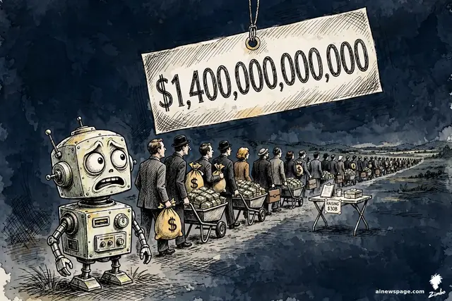 A giant $1.4 TRILLION price tag dangles from a modest $30B raise placard while bankers in suits crane their necks to read it.