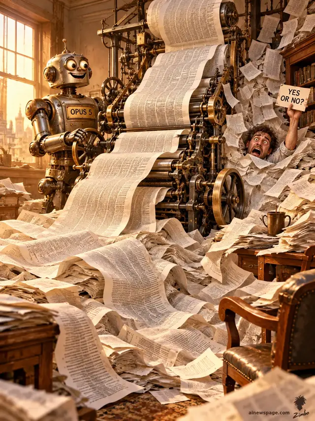 A grinning retro robot cranks a giant OPUS 5 printing press, burying a developer under an avalanche of paper, while the tiny original question YES OR NO? sits on a small note.