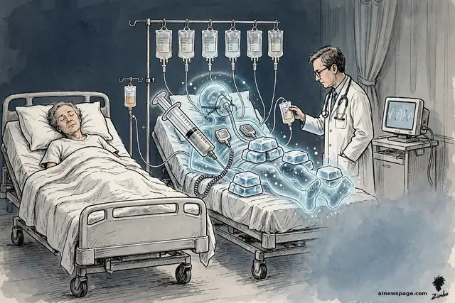 Satirical cartoon: a peaceful patient sleeps untouched in one ICU bed while their translucent glowing digital twin lies in the next bed buried under absurd experimental treatments — six IV bags, a giant syringe, ice packs — as a clinician picks one small IV bag for the real patient.