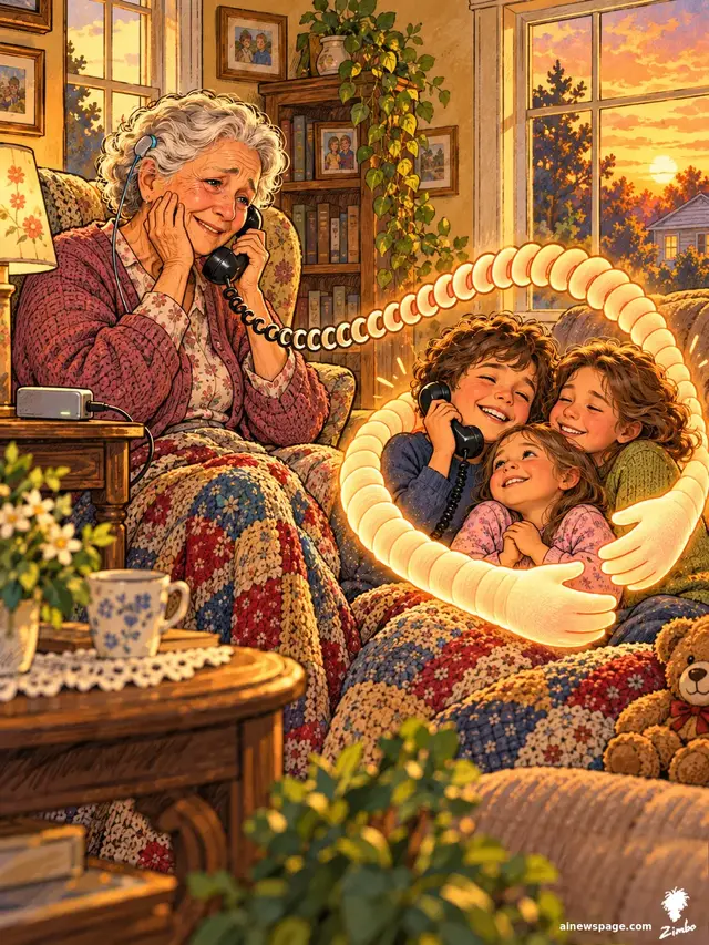 A grandmother with a brain-computer implant holds a phone to her ear; the cord glows and becomes two enormous luminous arms hugging her three beaming grandchildren on the couch.