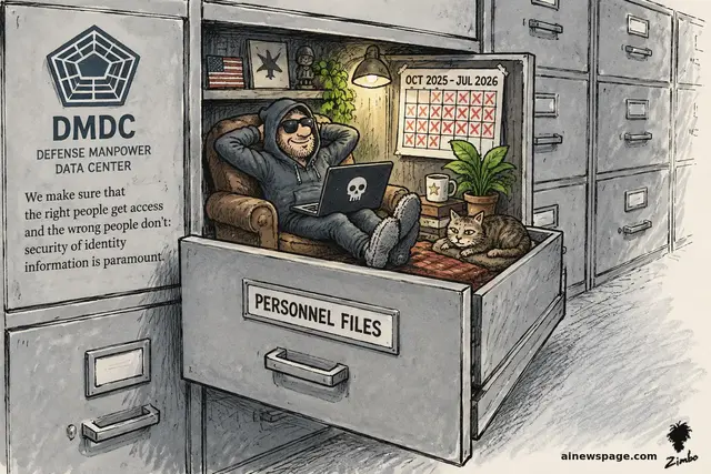 Satirical cartoon: a hooded intruder lounges in an armchair inside an open 'PERSONNEL FILES' filing drawer — slippers, laptop, houseplant, mug — beside an X'd-out OCT 2025–JUL 2026 calendar under the DMDC seal, while Issue the tabby cat naps nearby.