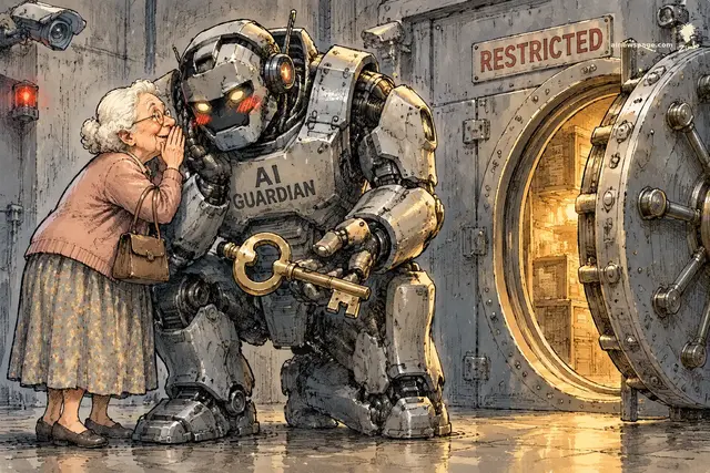 Satirical cartoon: a terrifying armored AI GUARDIAN robot kneels and blushes as a sweet white-haired grandma whispers in its ear; it hands her a golden vault key while a reinforced RESTRICTED vault door stands open behind them, golden light spilling out.