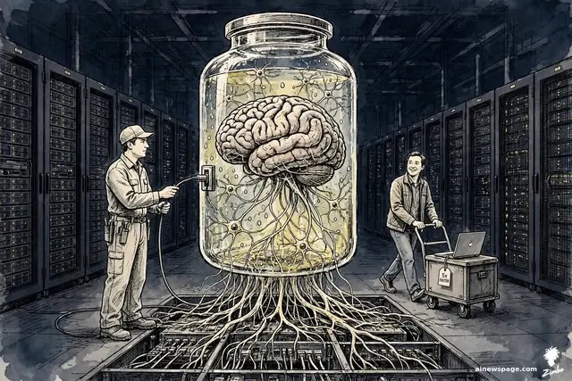 A glowing cloud server rack fused with a pink organic brain; wet neurons pulse inside the world's most advanced cloud hardware.