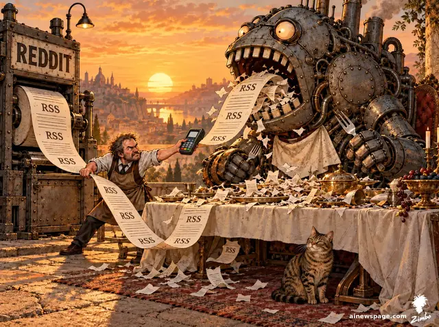 A monstrous robot gorges at an all-you-can-eat internet buffet, devouring RSS feeds; a sign reads RSS DIES NOVEMBER 13 — THE MONSTER EATS FREE NO MORE.