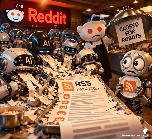 Tiny AI crawlers devour an RSS scroll on a Reddit buffet table while a waiter hangs a CLOSED FOR ROBOTS sign; Merv holds a tiny RSS icon.