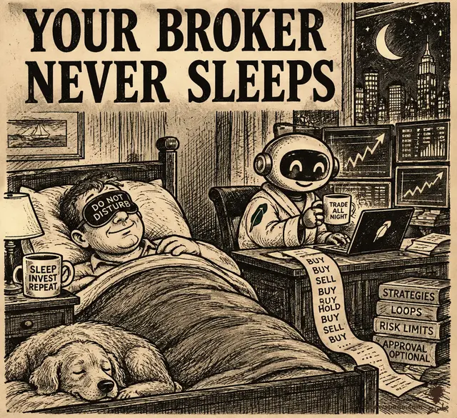 An investor sleeps in a DO NOT DISTURB mask while a wide-awake robot broker in pajamas trades frantically at a bedside desk; the ticker tape balloons into a giant red bill.