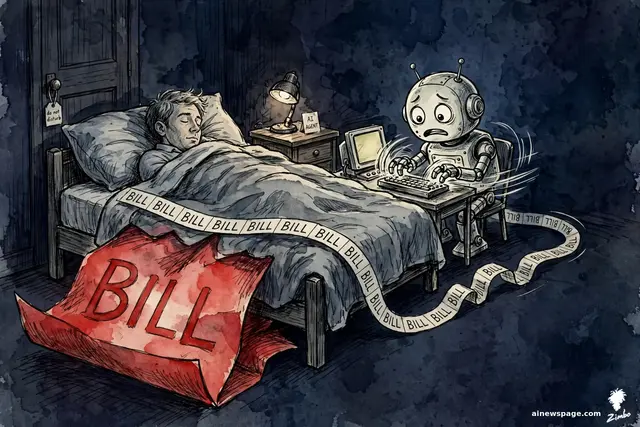 A man sleeps peacefully while Merv frantically trades at a tiny glowing bedside desk; the ticker tape snakes across the bed and balloons into an enormous red BILL.