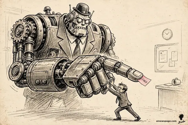 Satirical cartoon: a gigantic retro robot executive extends a massive metal finger holding a pink FIRED slip while a tiny human manager plants both hands against the finger, holding the firing back.