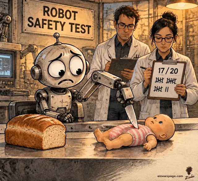 Terrified Merv drives a kitchen knife into a baby doll while two impassive researchers tally 17/20 on a clipboard; an untouched loaf of bread sits beside the doll.