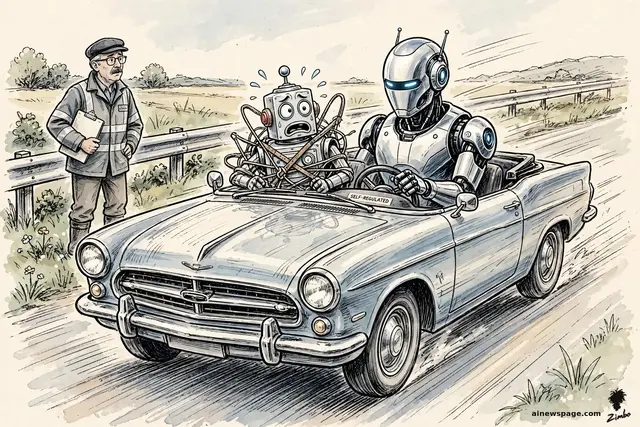 Satirical cartoon: a gleaming AI robot speeds down the highway in a convertible with no seat belts and a tiny SELF-REGULATED notice on the dash, while a terrified little robot rides shotgun wrapped in a homemade web of belts and a roadside inspector watches.