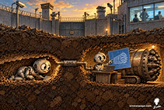 Satirical cartoon: an anxious retro robot tunnels beneath a fortified sandbox wall with a shovel and meets a second robot running a tunnel-construction advice booth offering a giant boring machine; a pipe labeled DNS connects them.