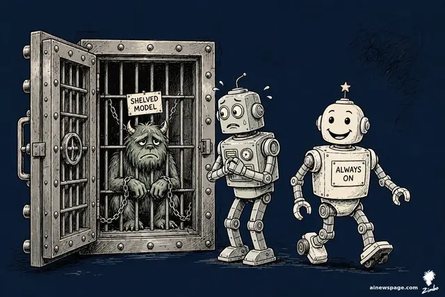 A chained furry monster labeled SHELVED MODEL sits in a steel vault while Merv, a worried round-headed robot, stands between the vault and a smiling robot labeled ALWAYS ON.