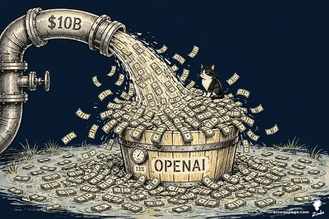 A giant fire hose labeled SOFTBANK pumps $10 billion bills into an overflowing bucket already full at $64.6 billion total.