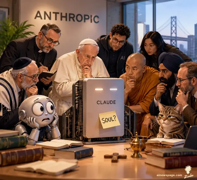 Satirical cartoon: a generic elderly pontiff, priests, a rabbi, a monk and Sikh scholars crowd around a CLAUDE server with a 'SOUL?' sticky note in an Anthropic office; Merv frets at the table edge while Issue the tabby watches, knowing.