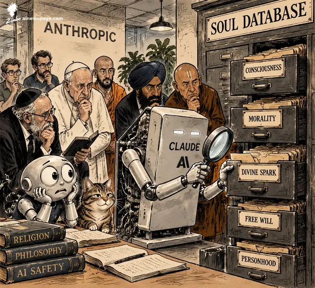 Satirical cartoon: a CLAUDE robot with a magnifying glass searches a SOUL DATABASE filing cabinet (drawers: CONSCIOUSNESS, MORALITY, DIVINE SPARK, FREE WILL, PERSONHOOD) while religious leaders watch; Merv worries, Issue the tabby knows.