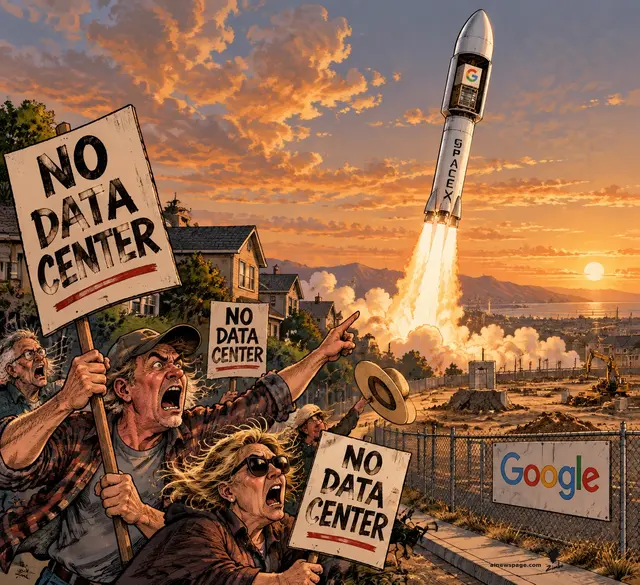 Satirical cartoon: angry neighbors wave NO DATA CENTER protest signs while a SpaceX rocket carrying a Google satellite blasts off behind them.