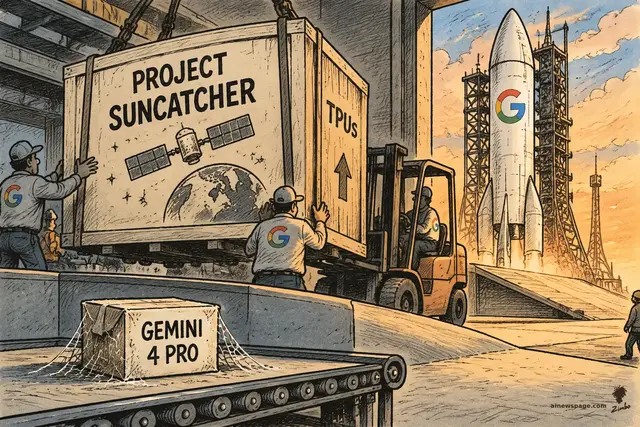 Satirical cartoon: at golden hour, workers and a forklift push a giant crate stenciled PROJECT SUNCATCHER toward a Google-G rocket on a launchpad, while a tiny cobwebbed box labeled GEMINI 4 PRO sits abandoned on a conveyor belt in the foreground.