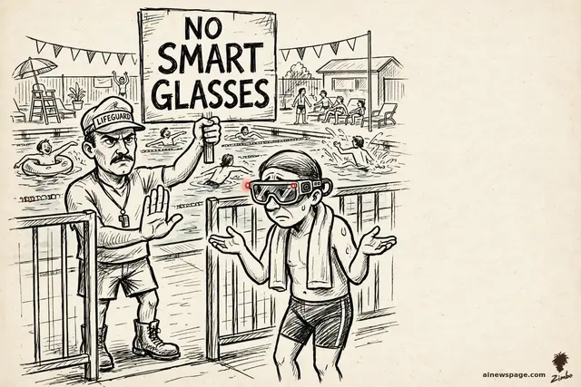 A row of smart glasses lies confiscated in a bin at a Sydney pool entrance; a sign reads NO SMART GLASSES — ALL OF THEM.